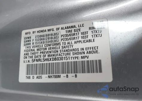 2013 Honda Odyssey Ex-L from USA, damaged, VIN 5FNRL5H6XDB030151